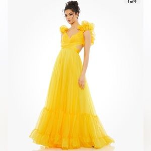NWT Mac Duggal 67911 Ruffle Tiered Cutout Chiffon Gown in Sunshine Yellow 8-